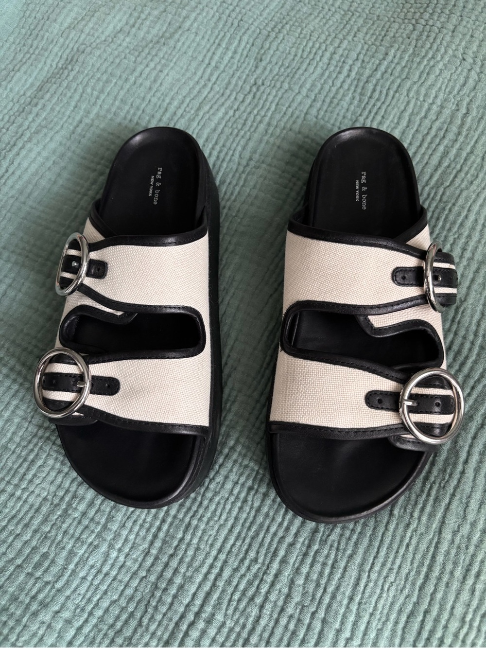 Rag and Bone Geo Two-Buckle Canvas Slide Sandals in Cream and Black